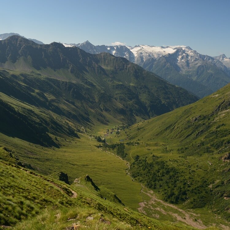 Le Case di Viso viste dalla mulattiera che conduce al Rif. Bozzi