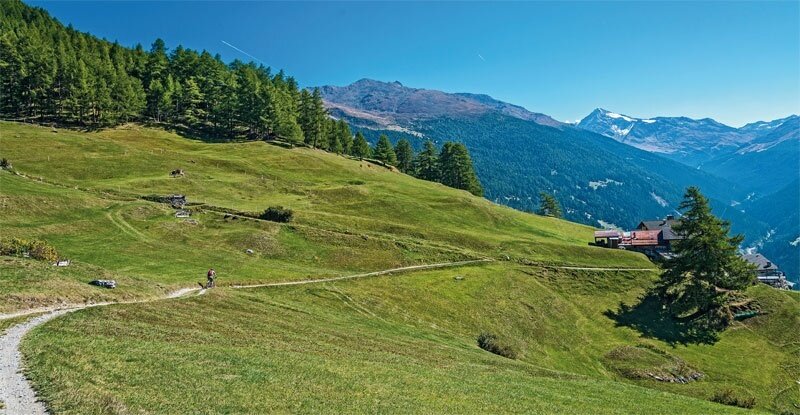 Arrival at Plazzanecco in Valfurva. Mount Confinale and Pizzo Tresero in the background.