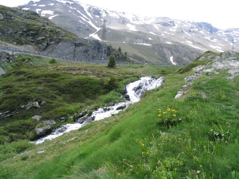 Clear water streams at the Foscagno Pass
